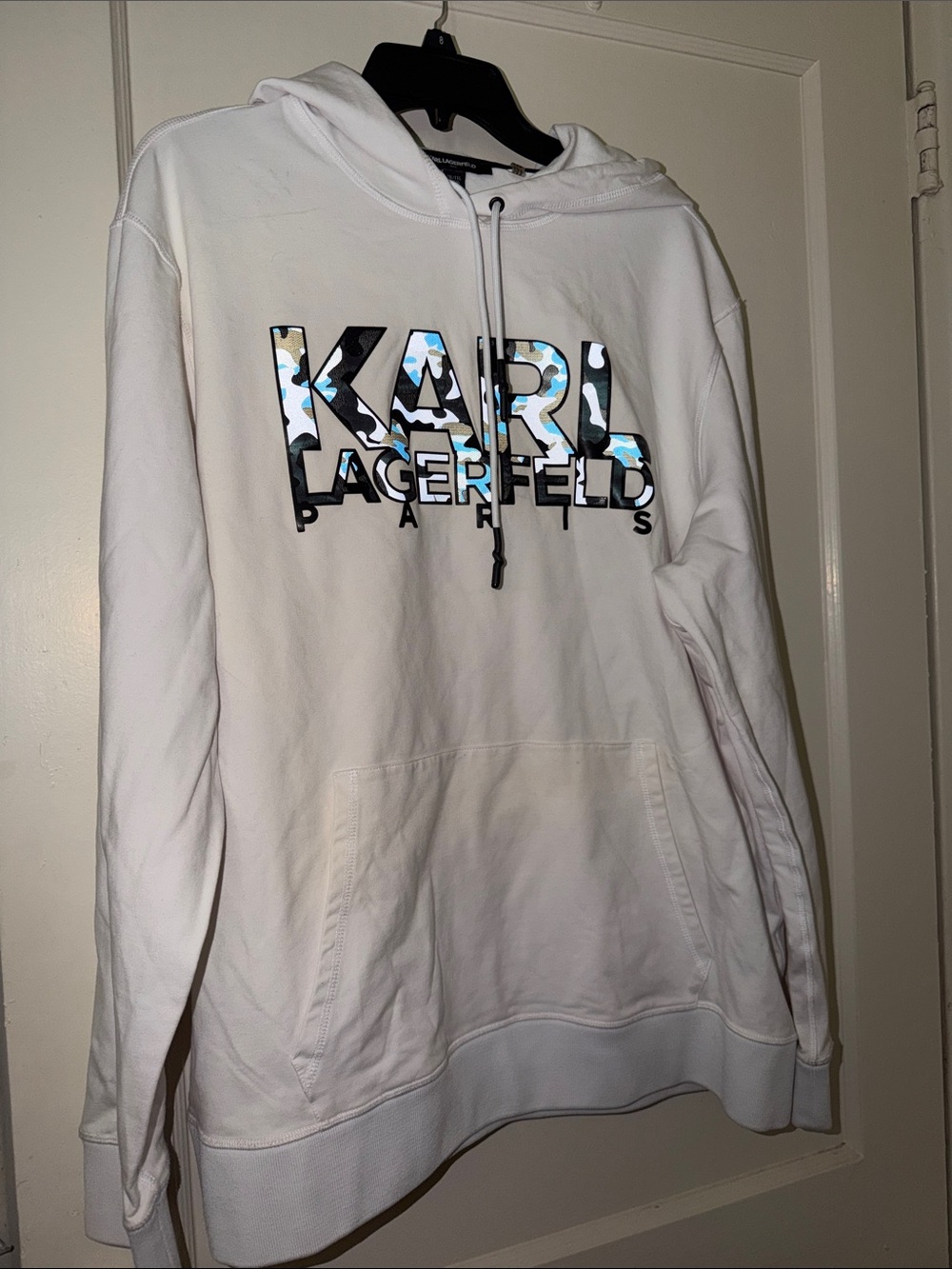 Karl Lagerfeld White Hoodie with Blue Camo Logo